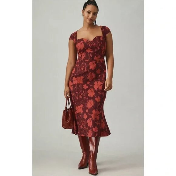 Anthropologie Cecily Dress Fit & Flare Sweetheart Neck Floral Midi Dress Large - Picture 1 of 7